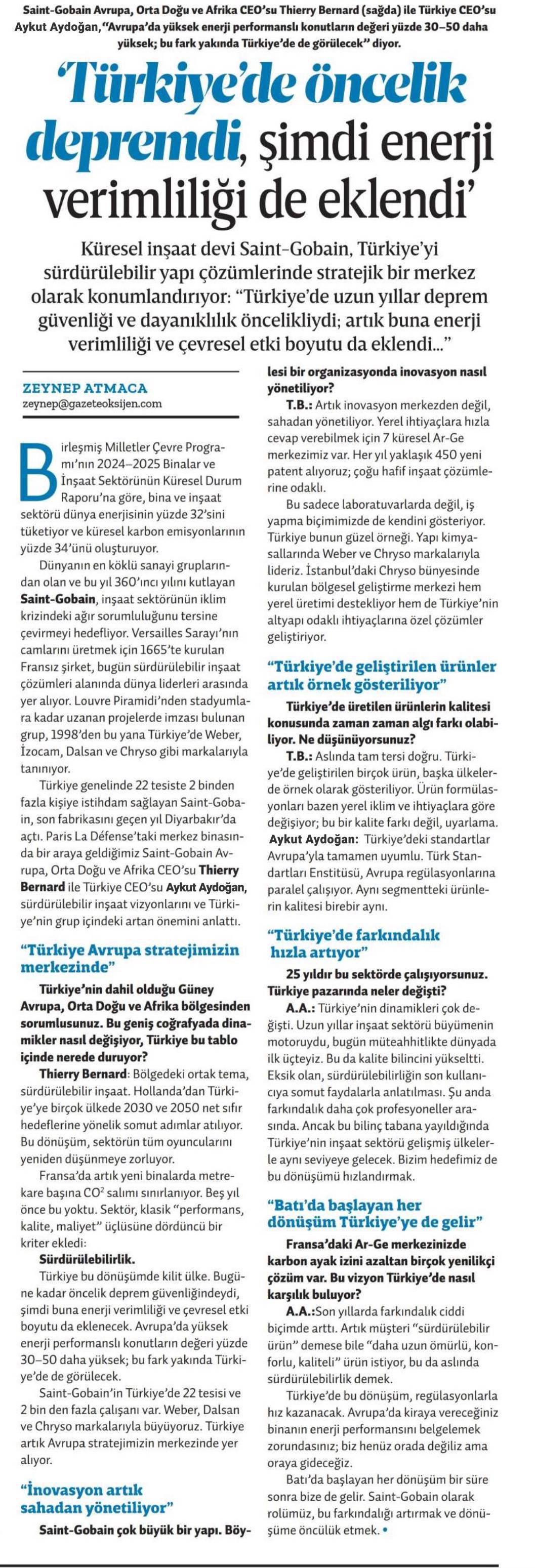 Saint-Gobain Türkiye CEO’su Aykut Aydoğan ve Saint-Gobain SEMEA CEO’su Thierry Bernard Oksijen Gazetesine Konuk Oldu!